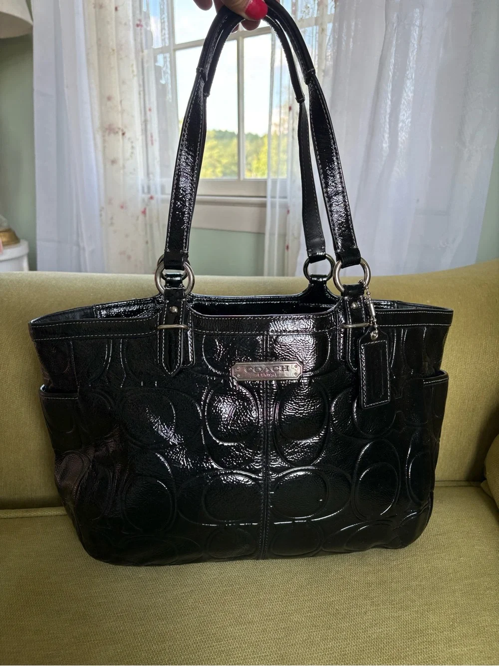 Coach Black Patent Leather Signature Tote with Silver Hardware
